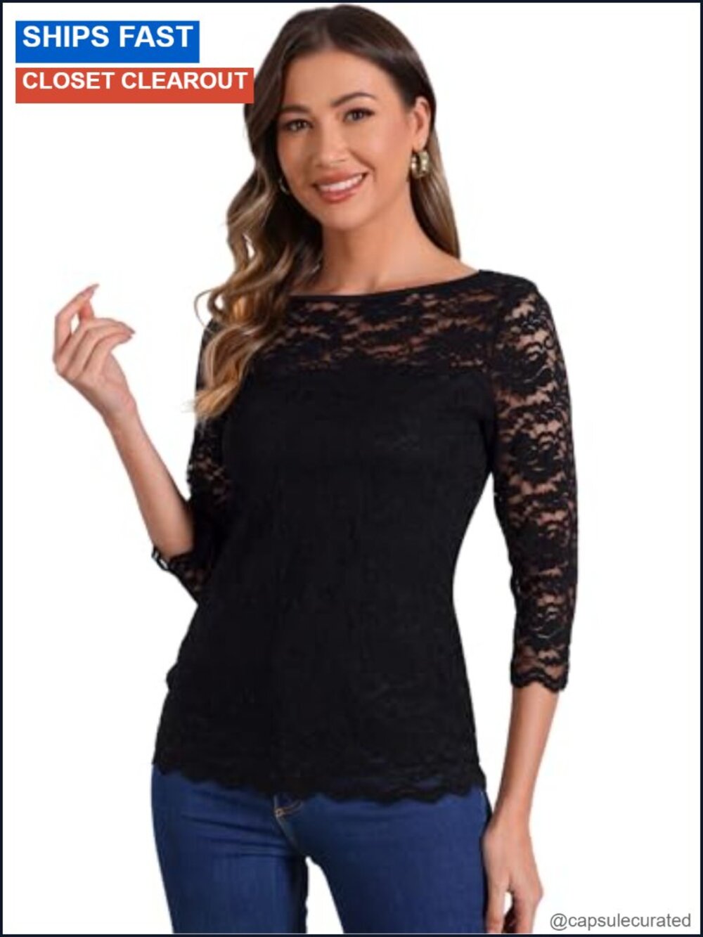 Lace Top 3/4 Sleeve Floral Sheer Crew Neck Blouse Dressy Casual